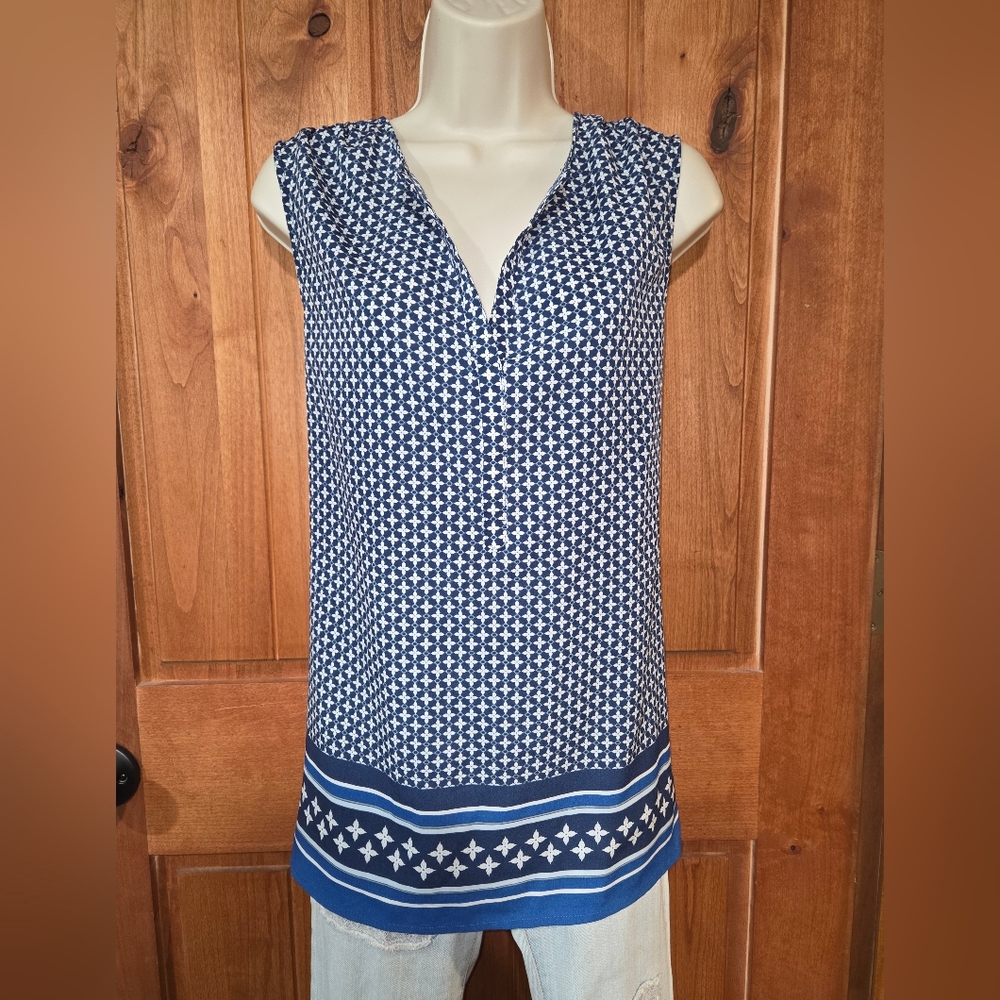 Anne Klein Navy and White‎ Patterned Blouse